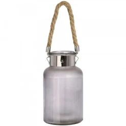 HI Frosted Glass Lantern With Rope Detail And LED