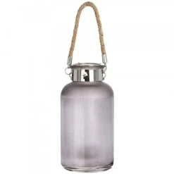 HI Frosted Grey Glass Lantern With Rope Detail And LED