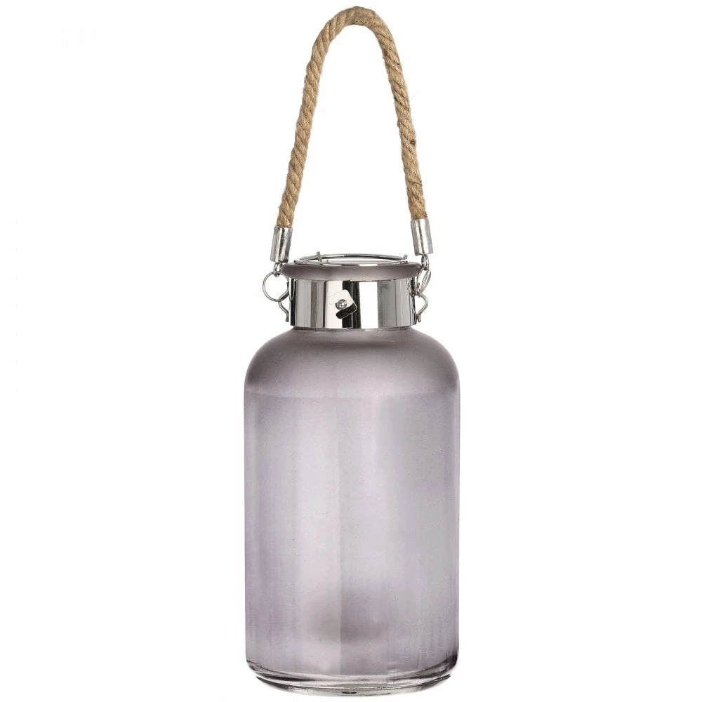 HI Frosted Grey Glass Lantern With Rope Detail And LED 3 HI Frosted Grey Glass Lantern With Rope Detail And LED