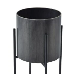 HI Gun Metal Grey Cylindrical Planter On Black Frame -Home Decor Store gun metal grey cylindrical planter on black frame p7842 128164 image