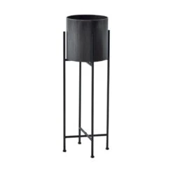 HI Large Gun Metal Grey Cylindrical Planter On Black Frame