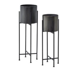 HI Large Gun Metal Grey Cylindrical Planter On Black Frame -Home Decor Store large gun metal grey cylindrical planter on black frame p7843 128175 image